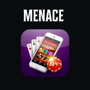 Menace king Casino App with playing cards and a mobile phone displaying casino games.