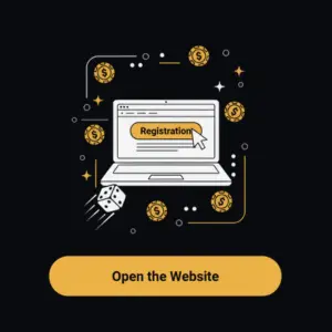 Laptop icon with a cursor hovering over a "Registration" button surrounded by dollar symbols and dice, with the text "Open the Website."