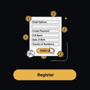 Envelope with a verification checkmark and certificate, surrounded by dollar symbols and dice, with the text "Complete Registration."