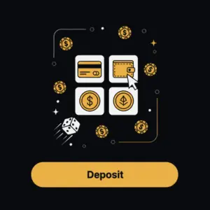 Payment options icons (credit card, wallet, coin) with a cursor pointing at them, surrounded by dollar symbols and dice, with the text "Deposit."