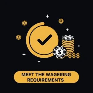 Menace King Casino icon showing a check mark with poker chips, symbolizing the completion of wagering requirements.