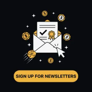 Menace King Casino newsletter sign-up screen with a checkmark and money symbols surrounding it.