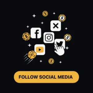 Menace King Casino with social media icons (Facebook, Instagram, YouTube, Twitter) and money symbols around.