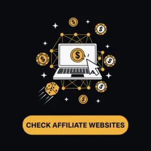 Menace King Casino with a laptop showing affiliate websites and dollar signs floating around.