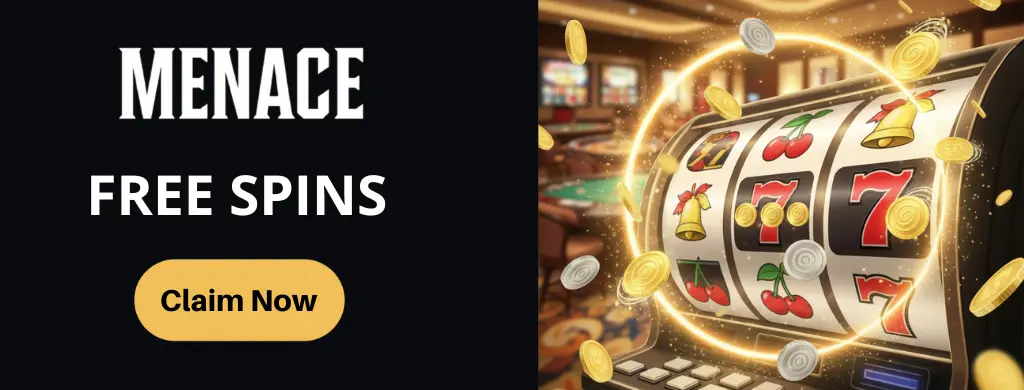 Menace Casino free spins image featuring a slot machine with coins and symbols.