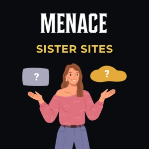 Menace Sister Sites illustration featuring a smiling woman holding two icons with question marks on a dark background.