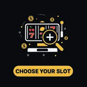 Menace Casino choose your slot icon with a magnifying glass over a slot machine.