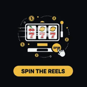 Menace Casino spin the reels icon with a slot machine showing fruits and a spinning action.