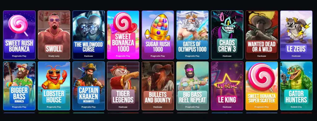 Selection of Menace Casino slot games including titles like Sweet Rush Bonanza, Swoll, and Gates of Olympus.
